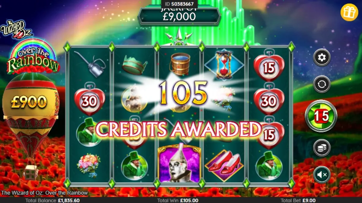 Cena mágica do slot The Wizard of Oz: Over the Rainbow com elementos do filme clássico